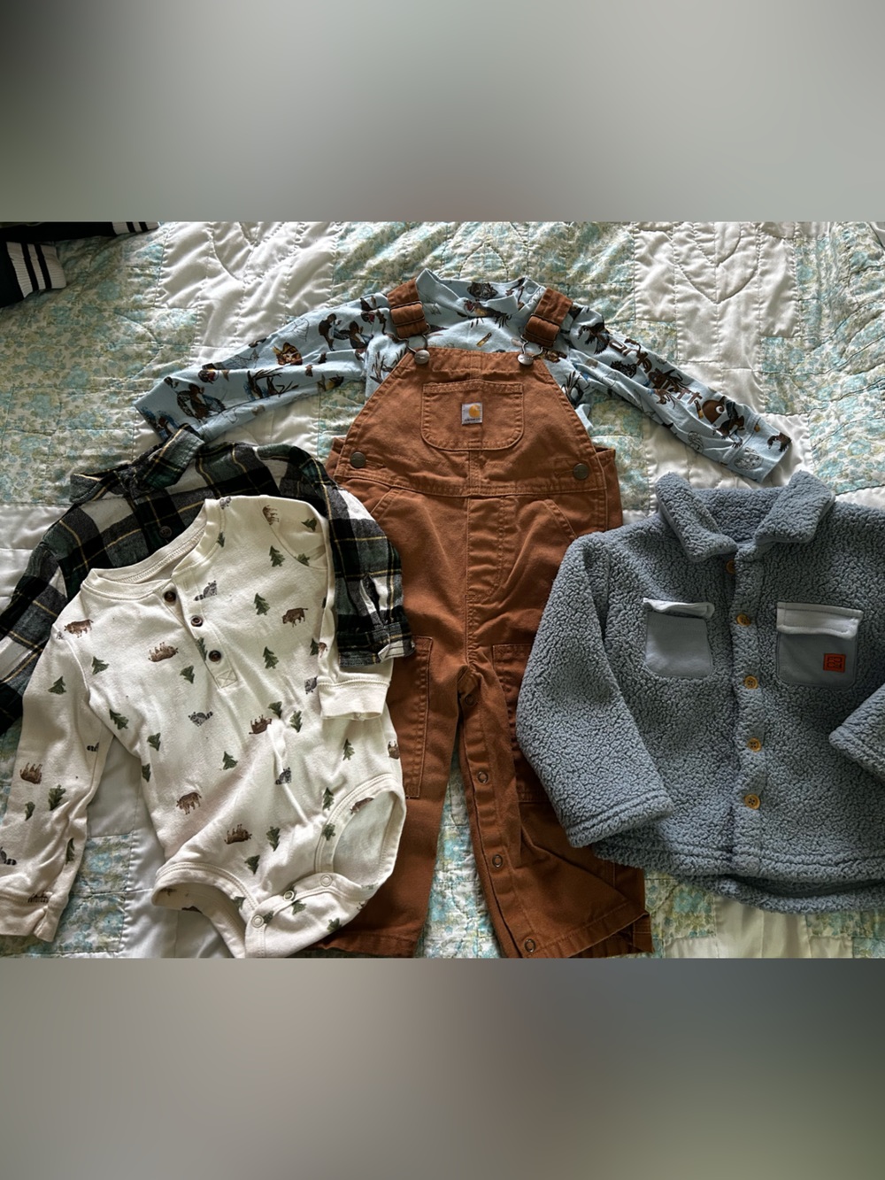 12-18M Boy Fall Bundle – 5pc | Carhartt Overalls + Flannel & Fleece